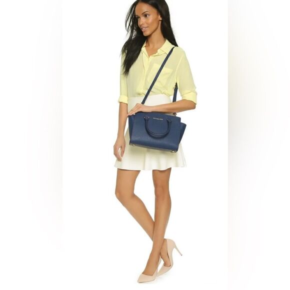 MICHAEL KORS SELMA Saffiano Leather Satchel Navy Blue NEW + Dust Bag - Picture 6 of 12